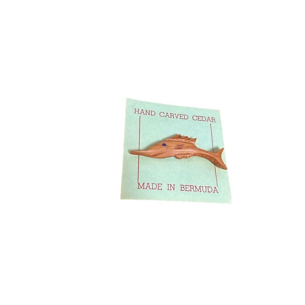 Vintage Hand Carved Cedar Swordfish Brooch Pin with Aqua Bead Eye